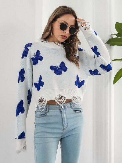 Distressed Butterfly Cropped Sweater White / S White / M White / L White / S-White / M-White / L-Black / S-Black / M-Black / L-Blush Pink / S-Blush Pink / M-Blush Pink / L-