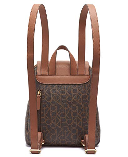 Calvin Klein Women's Elaine Signature Key Item Flap Backpack, Brown/Khaki/Luggage Saffiano, One Size