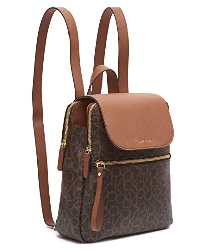 Calvin Klein Women's Elaine Signature Key Item Flap Backpack, Brown/Khaki/Luggage Saffiano, One Size