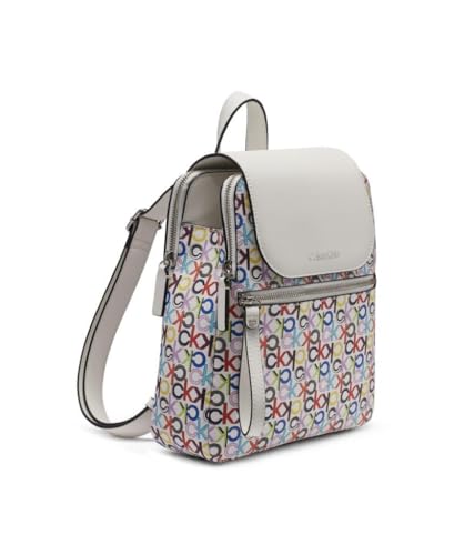 Calvin Klein Women's Elaine Signature Key Item Flap Backpack, Brown/Khaki/Luggage Saffiano, One Size