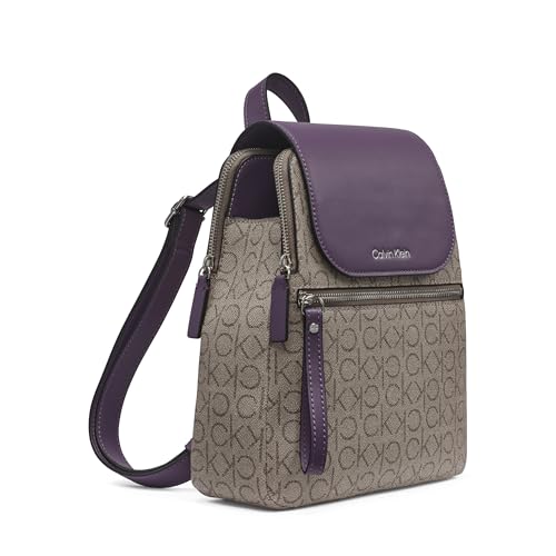 Calvin Klein Women's Elaine Signature Key Item Flap Backpack, Brown/Khaki/Luggage Saffiano, One Size