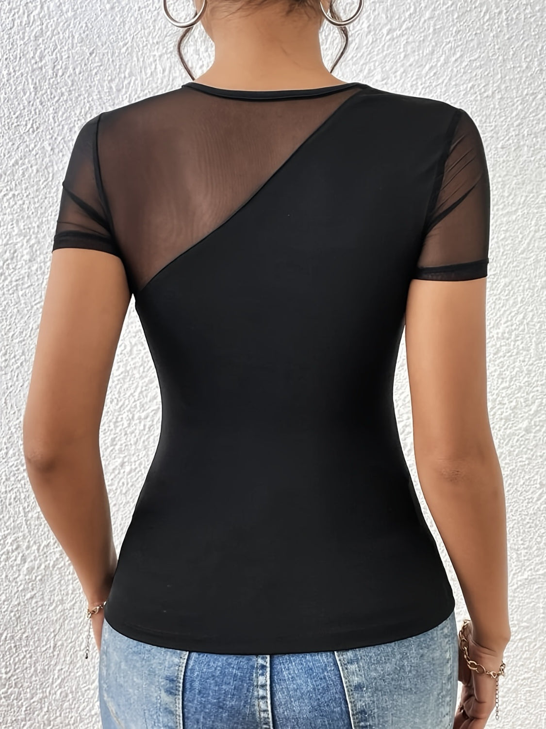Mesh Patchwork Round Neck Short Sleeve Top Black / XS White / S Black / XL Black / XS-White / S-Black / XL-White / M-Black / M-White / XS-Black / L-Black / S-White / L-White / XL-