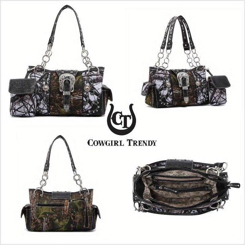 Camouflage Purse with Concho Buckle and Floral Studs Crossbody Handbag Shoulder Bag Wallet Set 4piece Set Black 4piece Set Turquoise 4piece Set Black-4piece Set Turquoise-