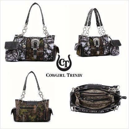Camouflage Purse with Concho Buckle and Floral Studs Crossbody Handbag Shoulder Bag Wallet Set 4piece Set Black 4piece Set Turquoise 4piece Set Black-4piece Set Turquoise-
