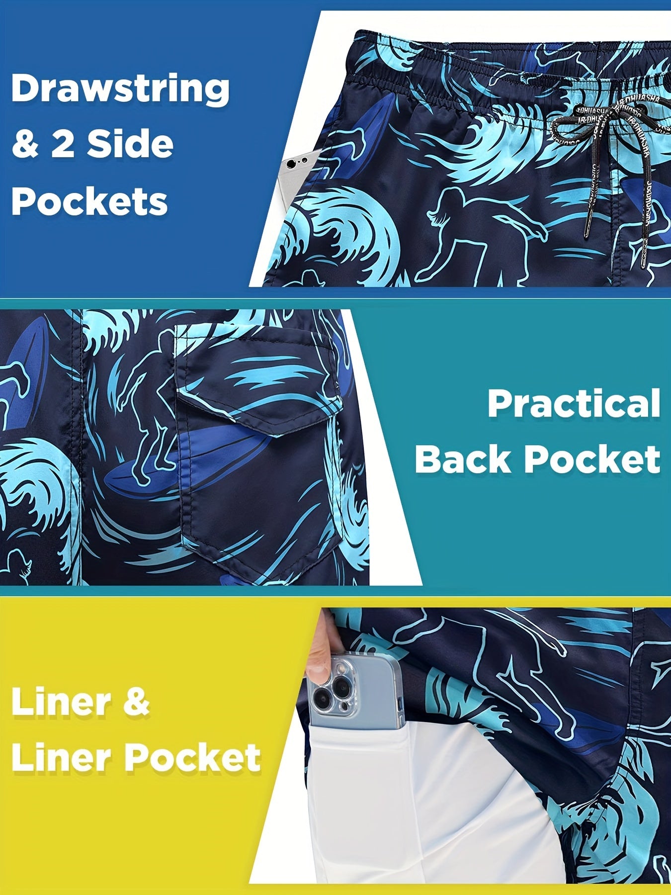 Mens Swim Trunks Quick Dry Board Shorts with Lining, Men's Swimming Trunks
