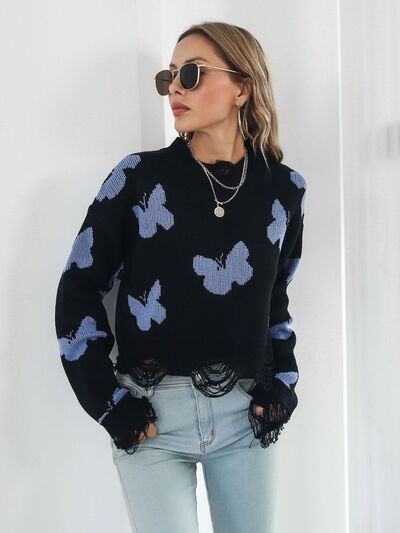 Distressed Butterfly Cropped Sweater White / S White / M White / L White / S-White / M-White / L-Black / S-Black / M-Black / L-Blush Pink / S-Blush Pink / M-Blush Pink / L-