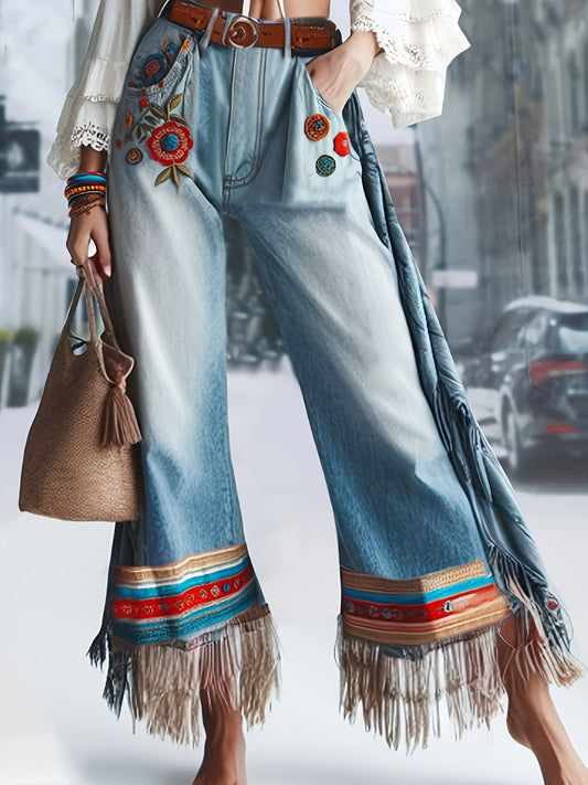 Women'S Single Piece Spring Summer Daily Casual Bohemian Style Long Flare Jeans Fringe