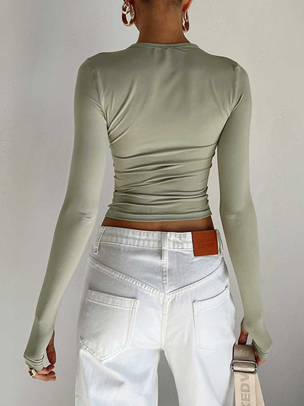 Chic & Versatile: Long Sleeve Skinny Hollow Solid Color Round Neck T-Shirt RED / S RED / M RED / L RED / S-RED / M-RED / L-PINK / S-PINK / M-PINK / L-BLUE / S-BLUE / M-BLUE / L-WHITE / S-WHITE / M-WHITE / L-GREEN / S-GREEN / M-GREEN / L-BROWN / S-BROWN / M-BROWN / L-BLACK / S-BLACK / M-BLACK / L-ORANGE / S-ORANGE / M-ORANGE / L-
