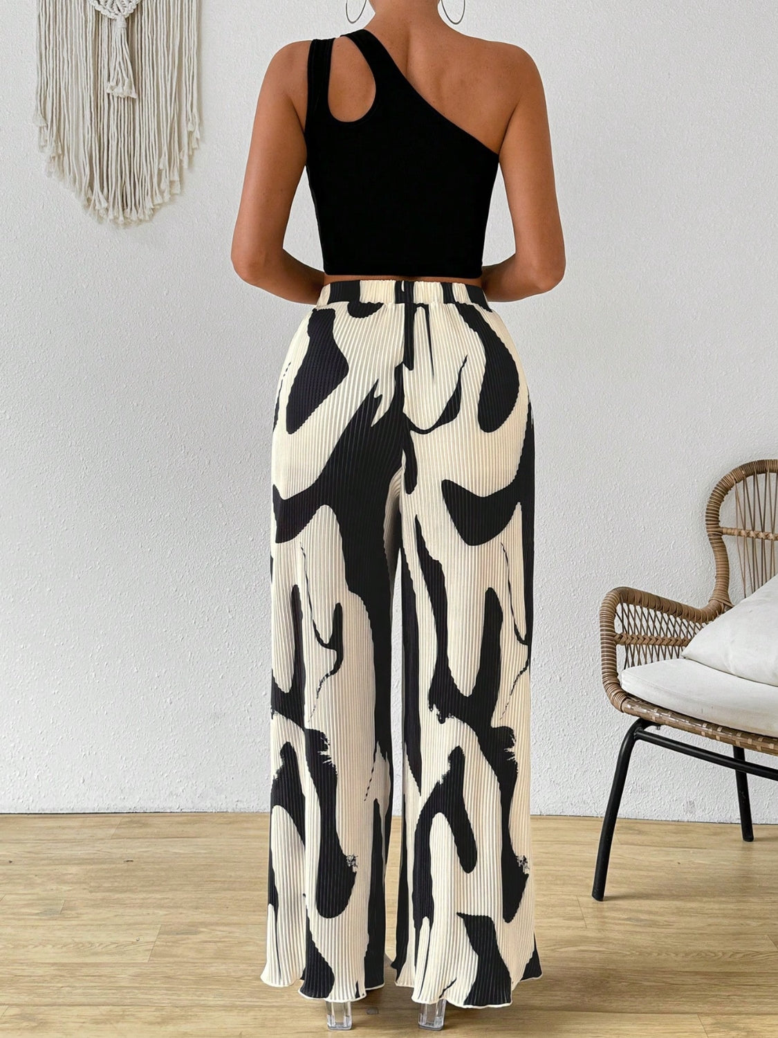 Cutout One Shoulder Top and Printed Pants Set Black/Khaki / S Black/Khaki / M Black/Khaki / L Black/Khaki / S-Black/Khaki / M-Black/Khaki / L-Black/Khaki / XL-