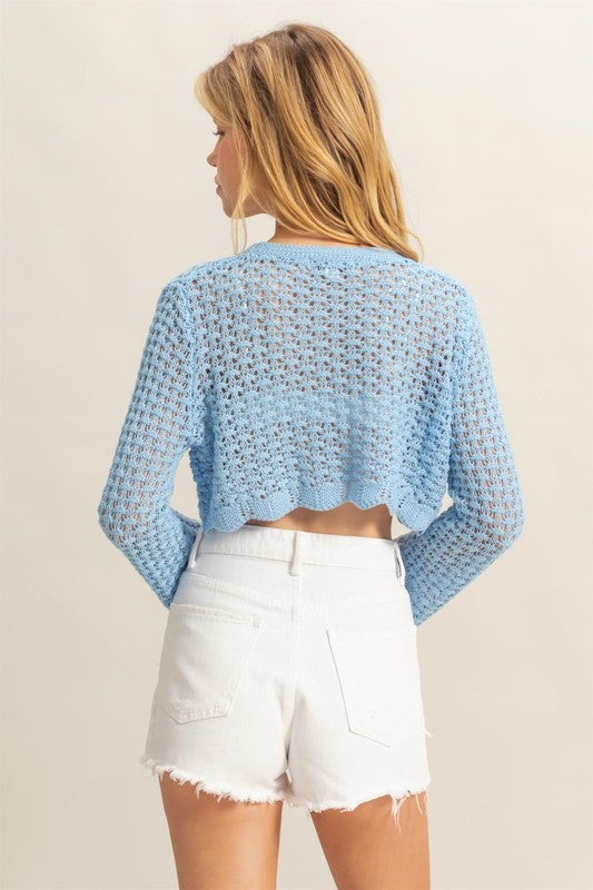 HYFVE Tied Front Crochet Cropped Cardigan Pastel  Blue / S Pastel  Blue / M Pastel  Blue / L Pastel  Blue / S-Pastel  Blue / M-Pastel  Blue / L-