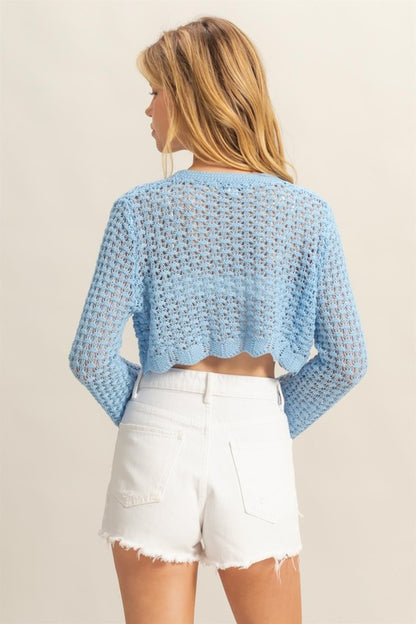 HYFVE Tied Front Crochet Cropped Cardigan Pastel  Blue / S Pastel  Blue / M Pastel  Blue / L Pastel  Blue / S-Pastel  Blue / M-Pastel  Blue / L-