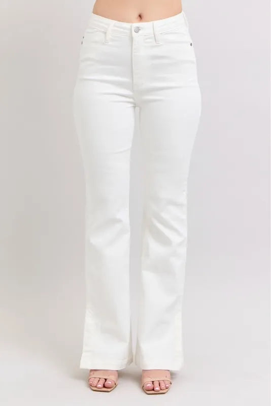 Judy Blue Full Size High Waist Side Slit Slim Bootcut Jeans Plus Size WHT / 14W WHT / 11(30) WHT / 0(24) WHT / 14W-WHT / 11(30)-WHT / 0(24)-WHT / 1(25)-WHT / 3(26)-WHT / 5(27)-WHT / 7(28)-WHT / 9(29)-WHT / 13(31)-WHT / 15(32)-WHT / 16W-WHT / 18W-WHT / 20W-WHT / 22W-WHT / 24W-