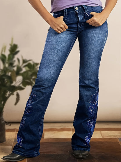 Women'S Blue Elastic Retro Imitation Phoenix Embroidered Flared Jeans