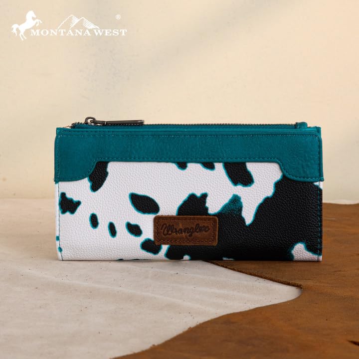 Wrangler Cow Print Wallets Womens Bifold Credit Card Wallet Women's Wallets, Card Cases & Money Organizers Brown Wallet for Women Ladies Female Cash Wallett with Smooth Zipper