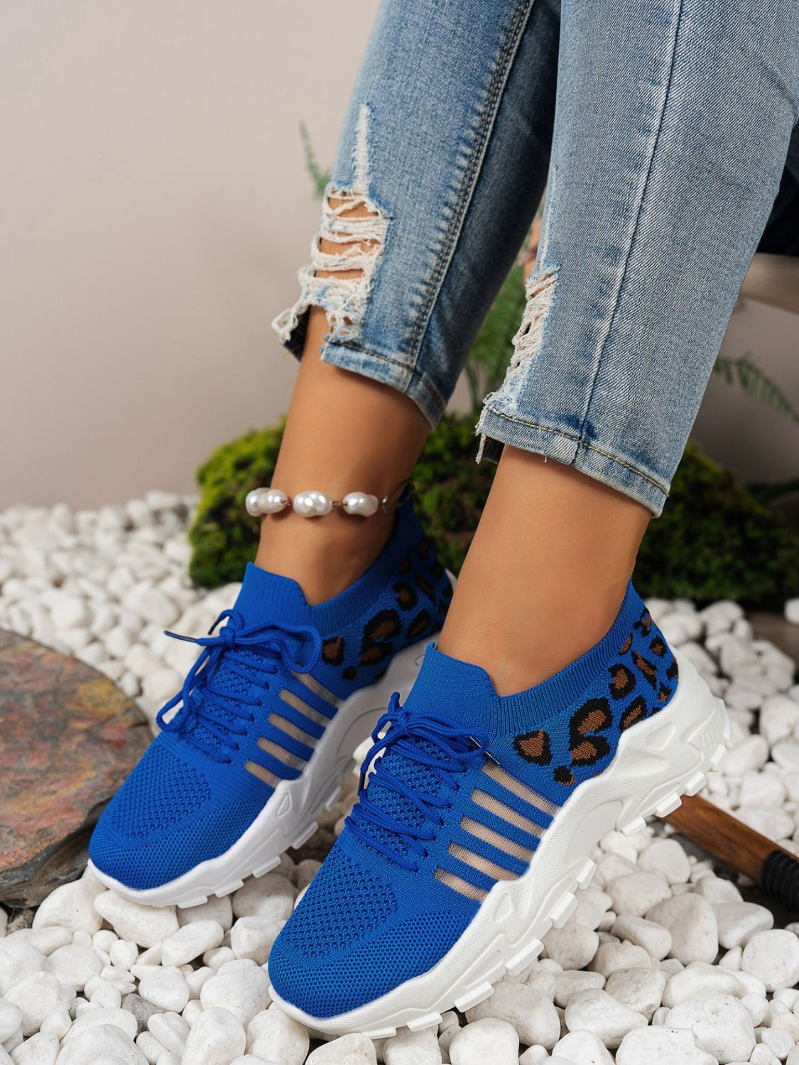 Cutout Leopard Lace Up Mesh Athletic Royal Blue
