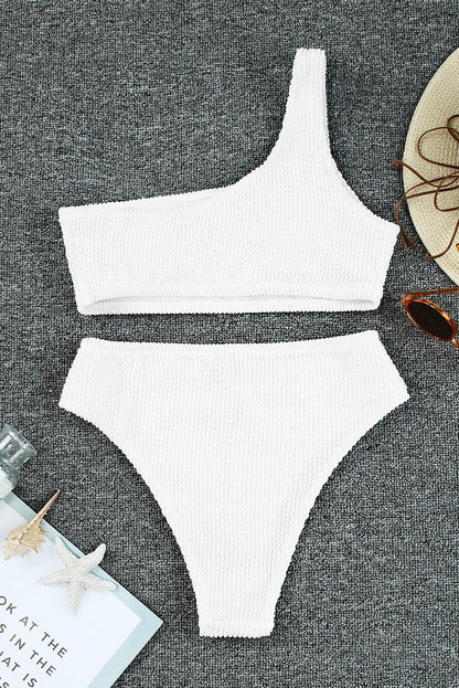 Sleek Crinkle Textured Asymmetric One-Shoulder Bikini Swimsuit