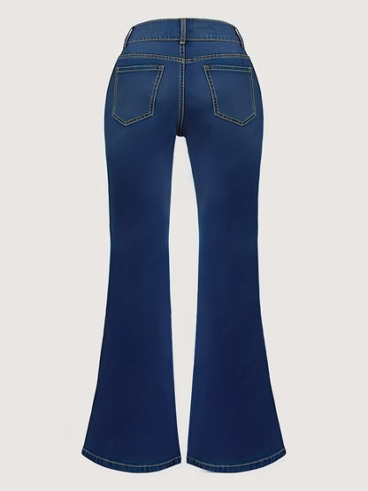 Vintage Style Plus Size Flared Jeans for Women, High Waist Denim with Button Detail Bell Bottoms
