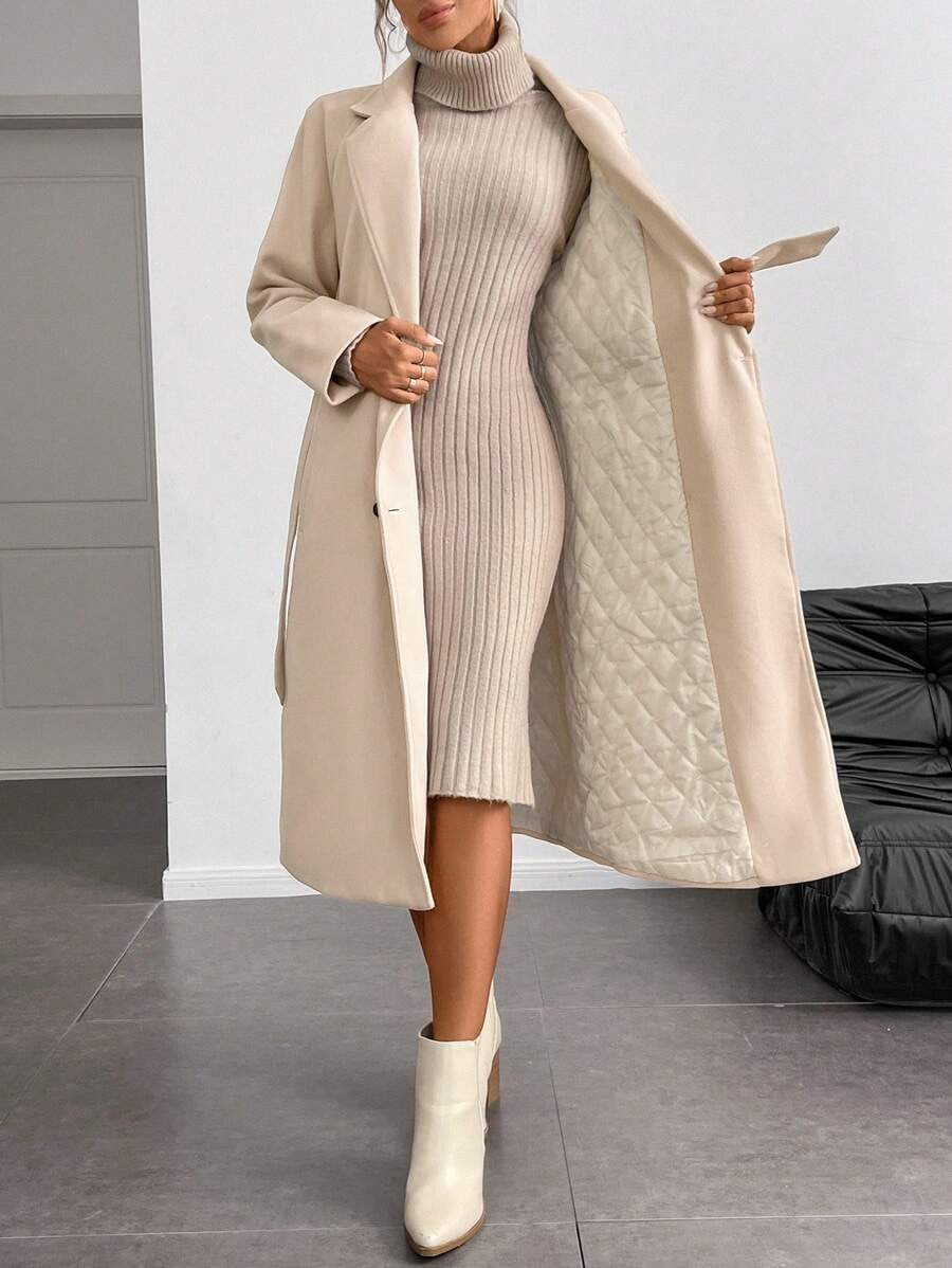 Chiquease Padded Double-Breasted Trench Coat with Large Lapel and Tie Waist – St