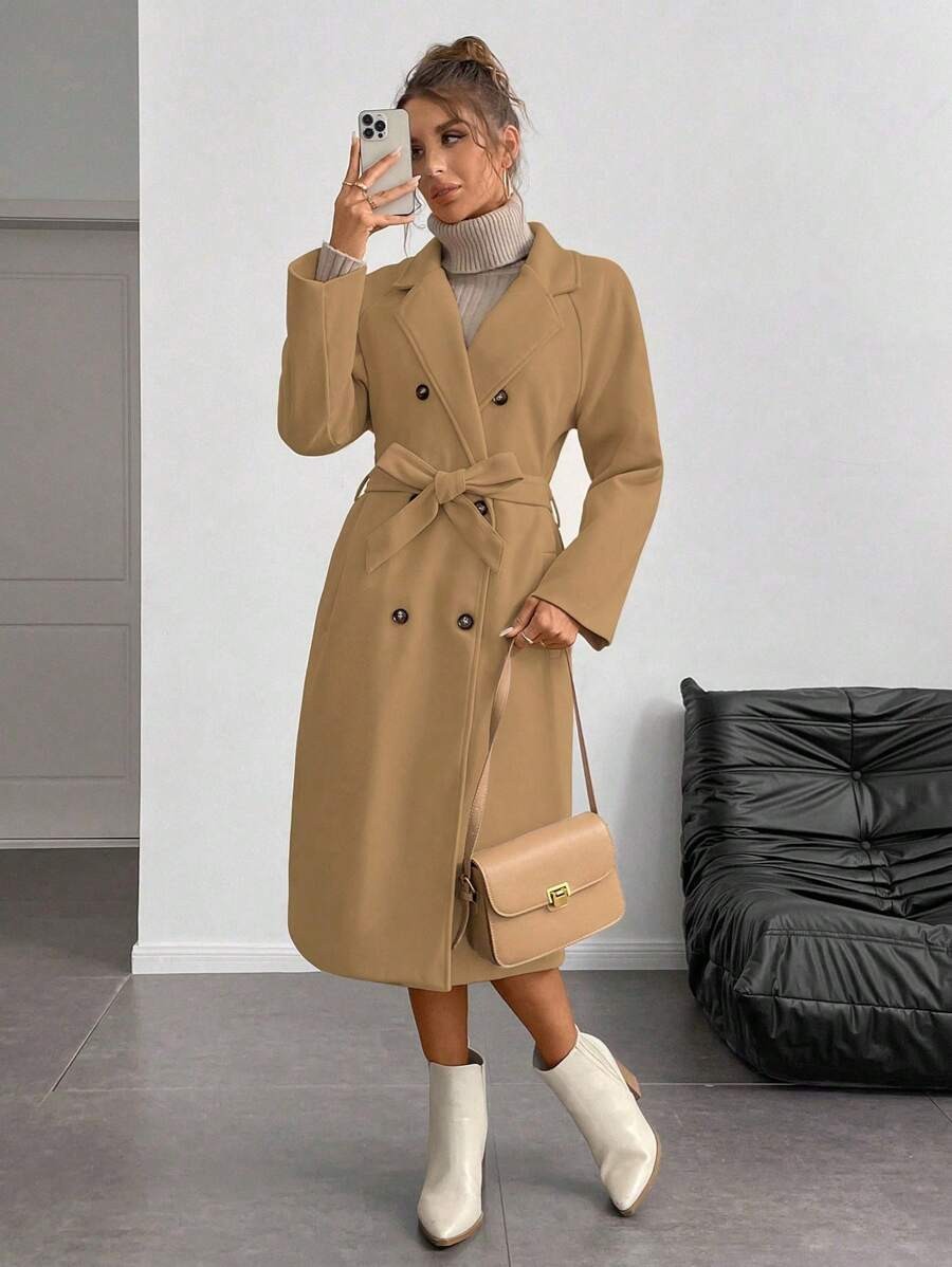 Chiquease Padded Double-Breasted Trench Coat with Large Lapel and Tie Waist – St