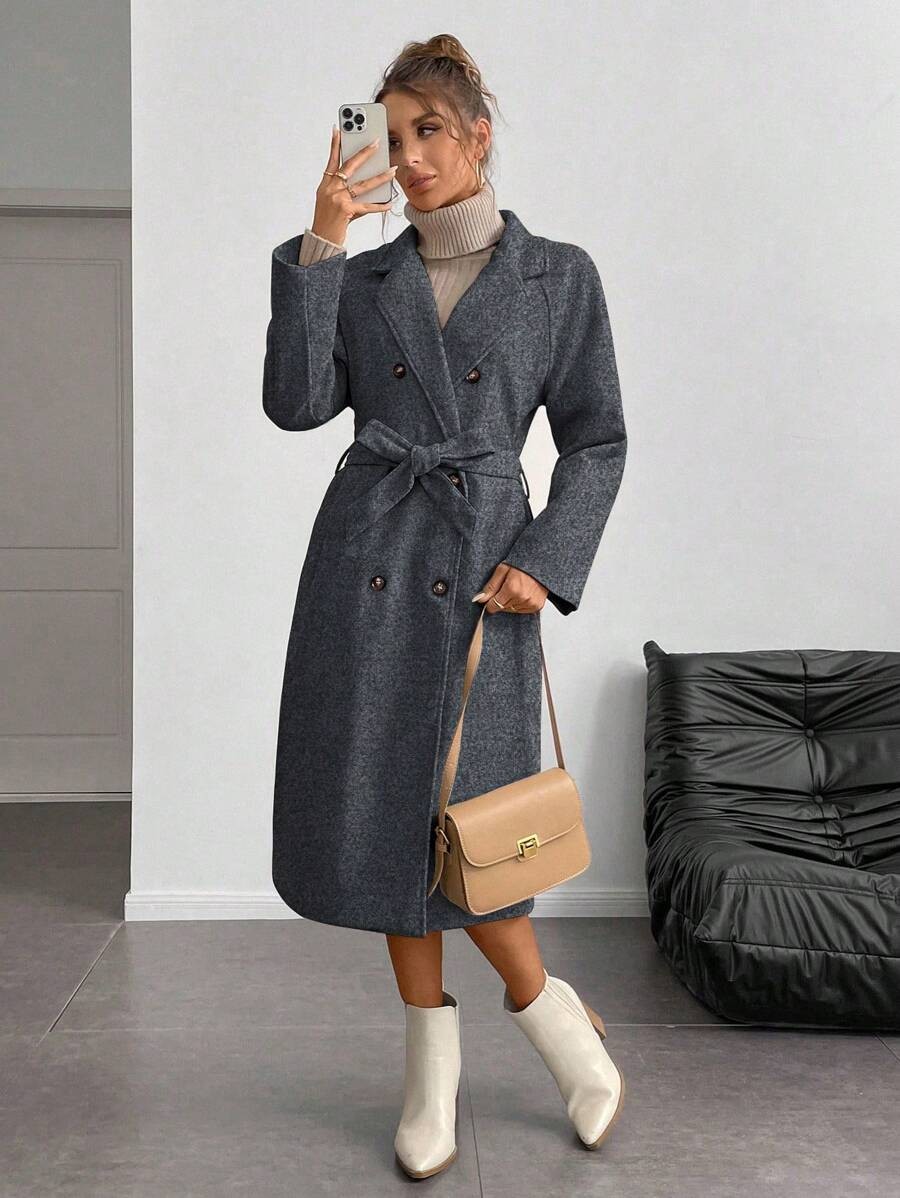 Chiquease Padded Double-Breasted Trench Coat with Large Lapel and Tie Waist – St