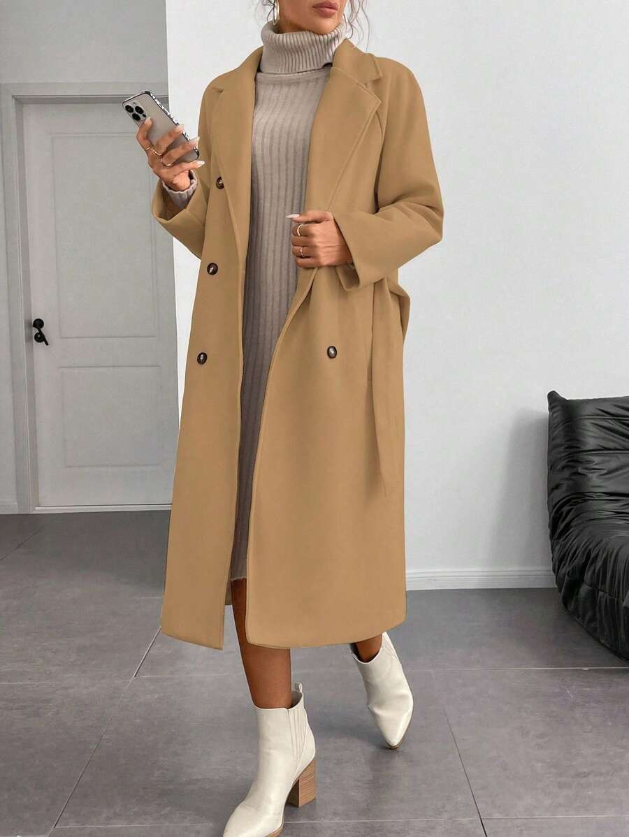 Chiquease Padded Double-Breasted Trench Coat with Large Lapel and Tie Waist – St