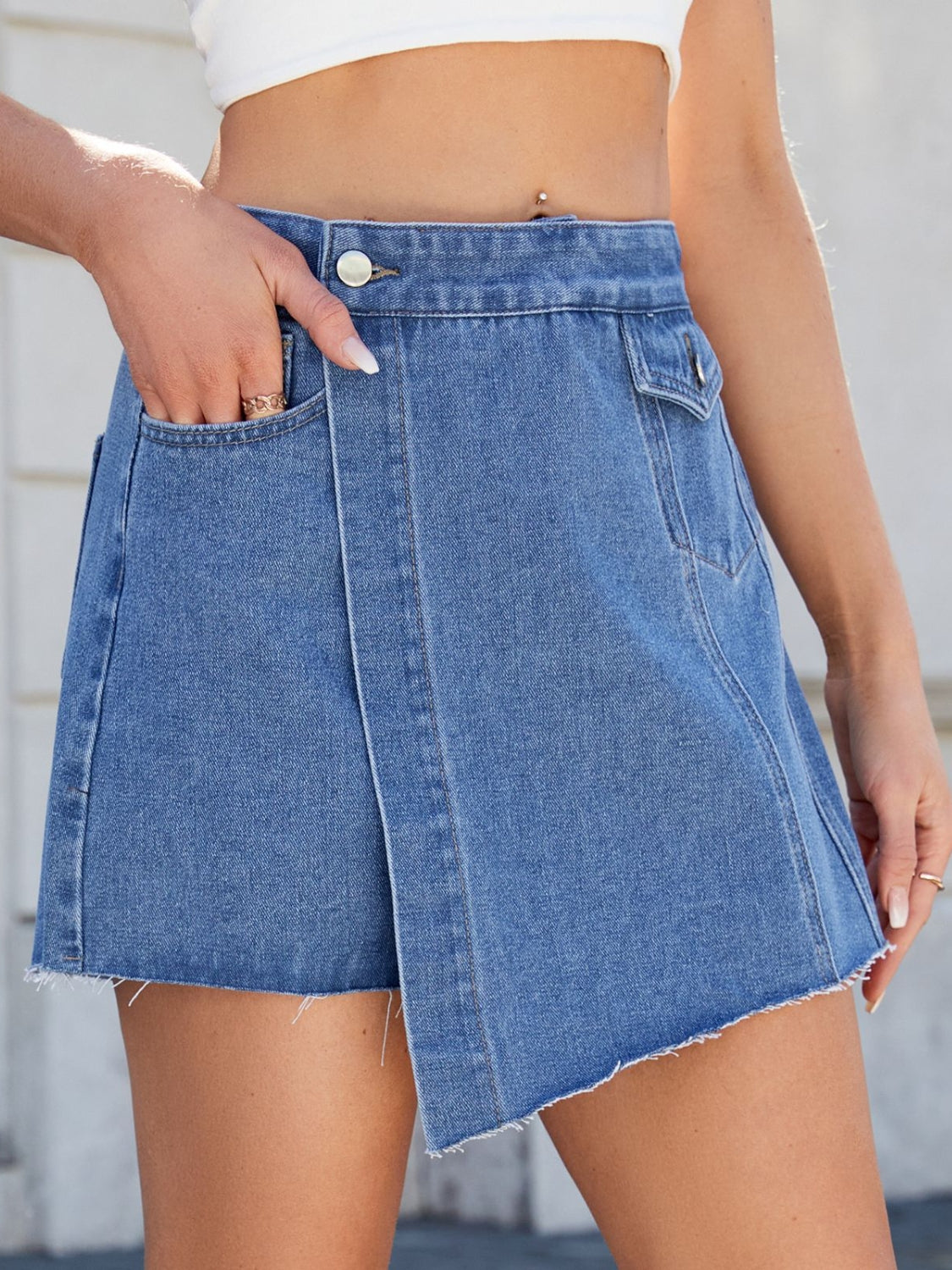 Frayed Hem Asymmetrical Denim Skort Medium / M Dark / M Dark / XL Medium / M-Dark / M-Dark / XL-Dark / S-Medium / L-Medium / XXL-Medium / S-Medium / XL-Dark / XXL-Dark / L-