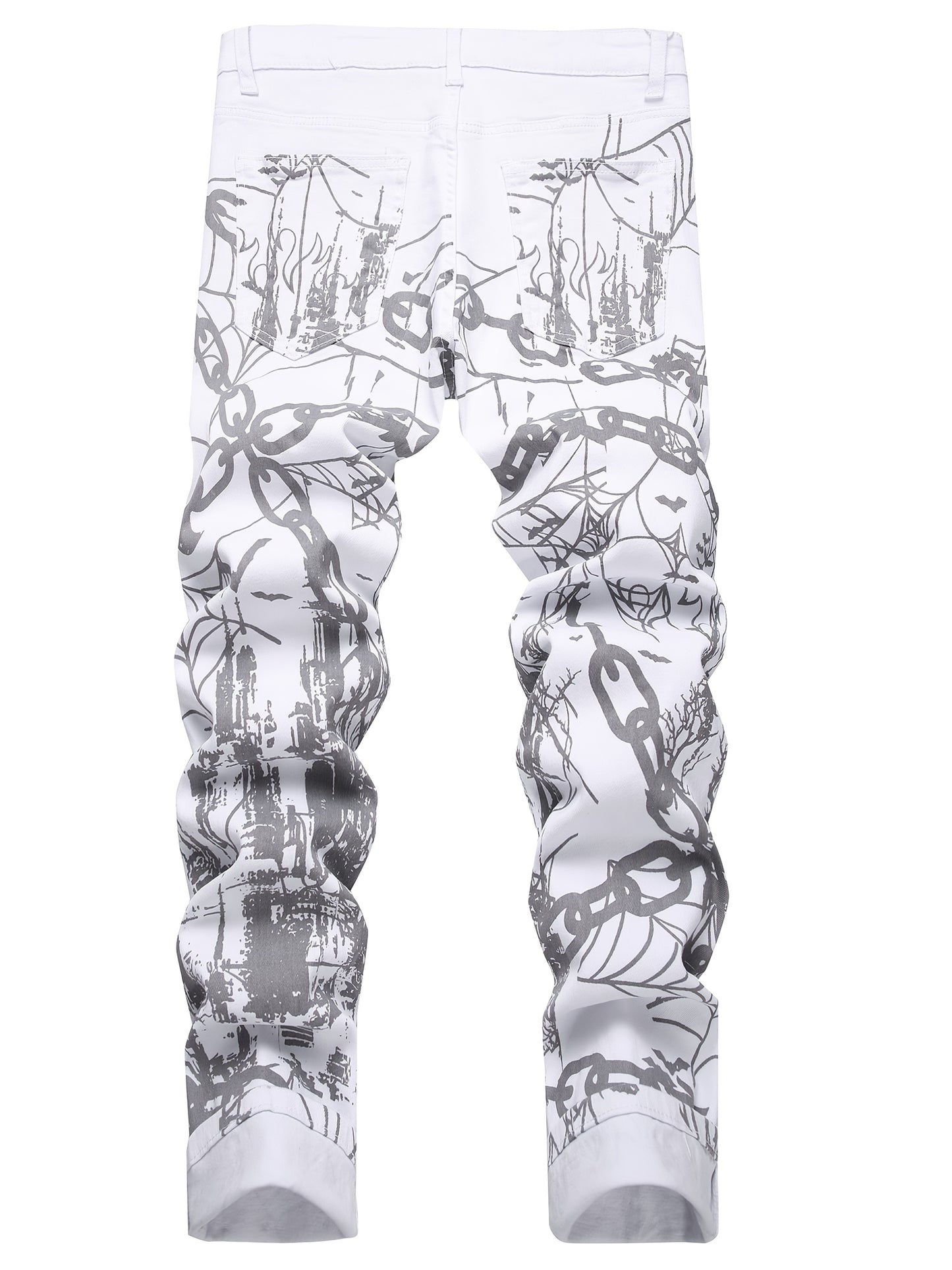 [Trendy Casual] Men's Slim Fit Printed Denim Jeans with Chain & Spider Web Design, Cotton Blend Stretch Casual Pants White / 30 White / 32 White / 34 White / 30-White / 32-White / 34-White / 36-White / 38-White / 40-White / 42-