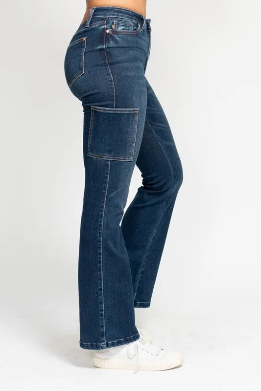 Judy Blue Full Size High Waist Cargo Bootcut Jeans Plus Size DK / 1(25) DK / 3(26) DK / 5(27) DK / 1(25)-DK / 3(26)-DK / 5(27)-DK / 7(28)-DK / 9(29)-DK / 11(30)-DK / 13(31)-DK / 15(32)-DK / 14W-DK / 16W-DK / 18W-DK / 20W-DK / 22W-DK / 24W-DK / 0(24)-