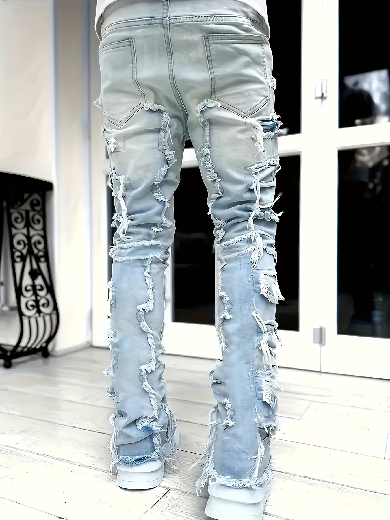 Men's Slim-Fit Stretch Denim Jeans with Raw Trim & Tassel Details -  Distressed Street Style Hip-Hop Pink / S Pink / M Pink / L Pink / S-Pink / M-Pink / L-Pink / XL-Pink / XXL-