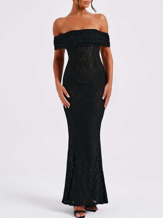 Devine Backless Lace Off-Shoulder Maxi Dress Black / S Black / M Black / L Black / S-Black / M-Black / L-Black / XL-