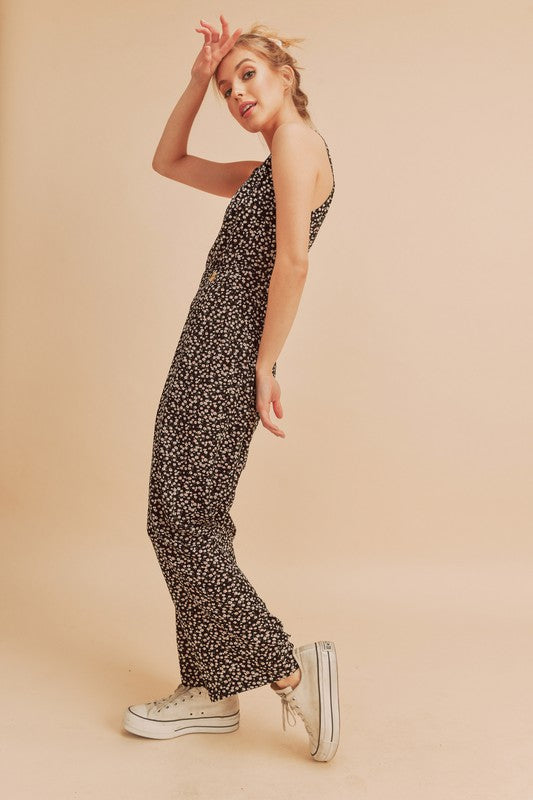 Aemi + Co Ditsy Floral Surplice Sleeveless Wide Leg Jumpsuit Black / S Black / M Black / L Black / S-Black / M-Black / L-