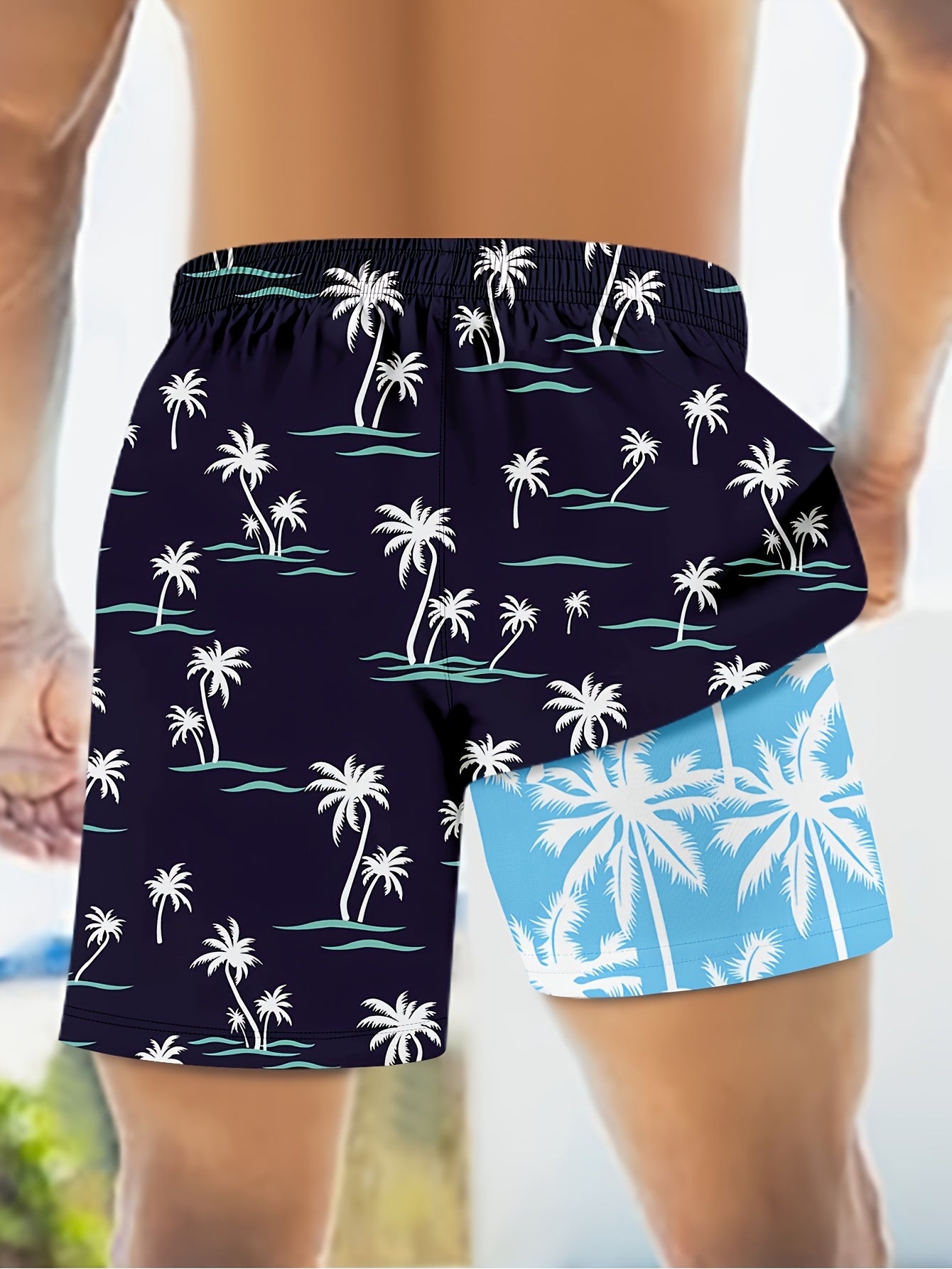 Men'S Summer 2-in-1 Compression Quick-drying Swim Trunks Beach Coconut Tree Print Loose Swim Shorts | Black Lined Blue Lined Side Pockets | Swim Training, Vacation, Casual Stretch, Breathable Beach Pants