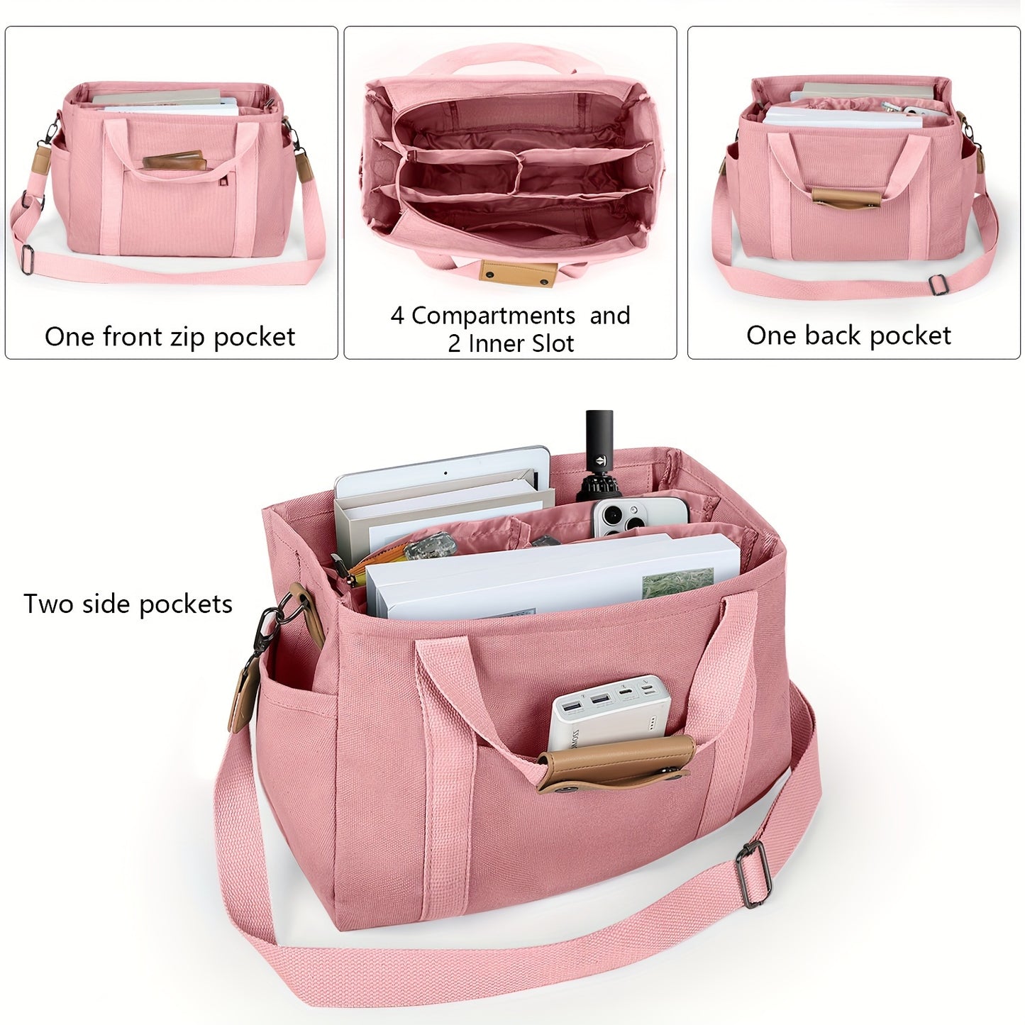 Women's Canvas Tote Bag with Multiple Pockets - Cute Crossbody Shoulder Purse for Work & Travel, Pink Mommy Handbag with Adjustable Strap