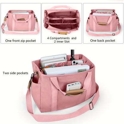 Women's Canvas Tote Bag with Multiple Pockets - Cute Crossbody Shoulder Purse for Work & Travel, Pink Mommy Handbag with Adjustable Strap