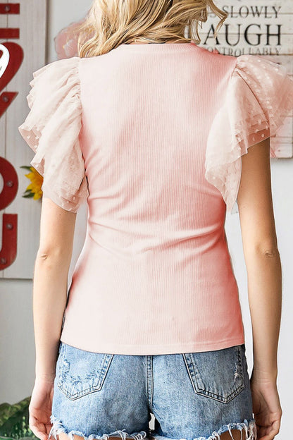 Ruffled Round Neck Cap Sleeve Blouse Blush Pink / M Blush Pink / L Blush Pink / XL Blush Pink / M-Blush Pink / L-Blush Pink / XL-Black / S-Black / M-Black / L-Black / XL-White / S-White / M-White / L-White / XL-Blush Pink / S-