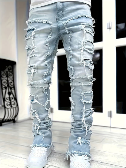 Men's Slim-Fit Stretch Denim Jeans with Raw Trim & Tassel Details -  Distressed Street Style Hip-Hop Pink / S Pink / M Pink / L Pink / S-Pink / M-Pink / L-Pink / XL-Pink / XXL-