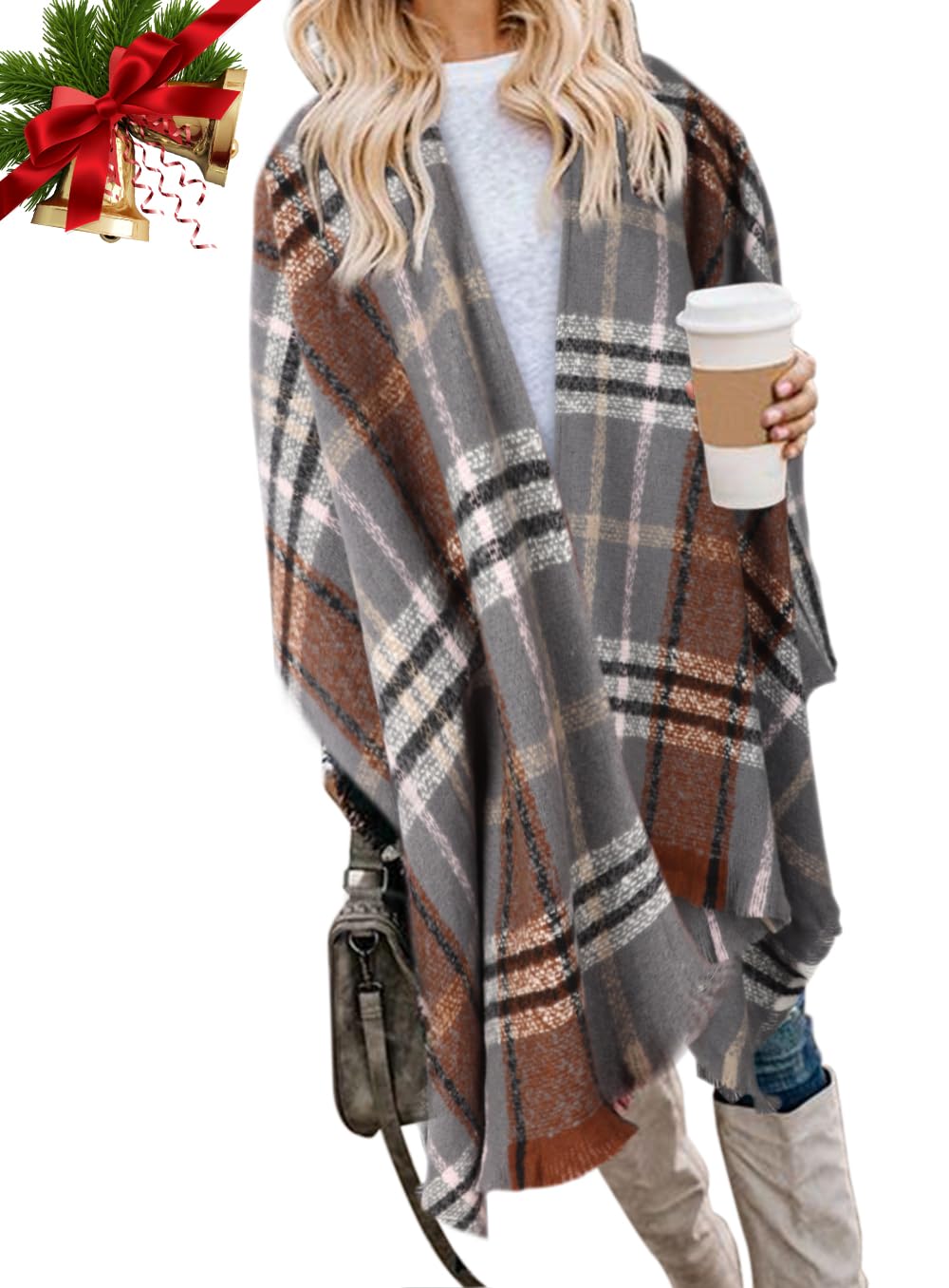 Bestshe Women's Boho Open Front Poncho Knitted Plaid Shawl Wrap Cape Tassel Cardigan Sweater