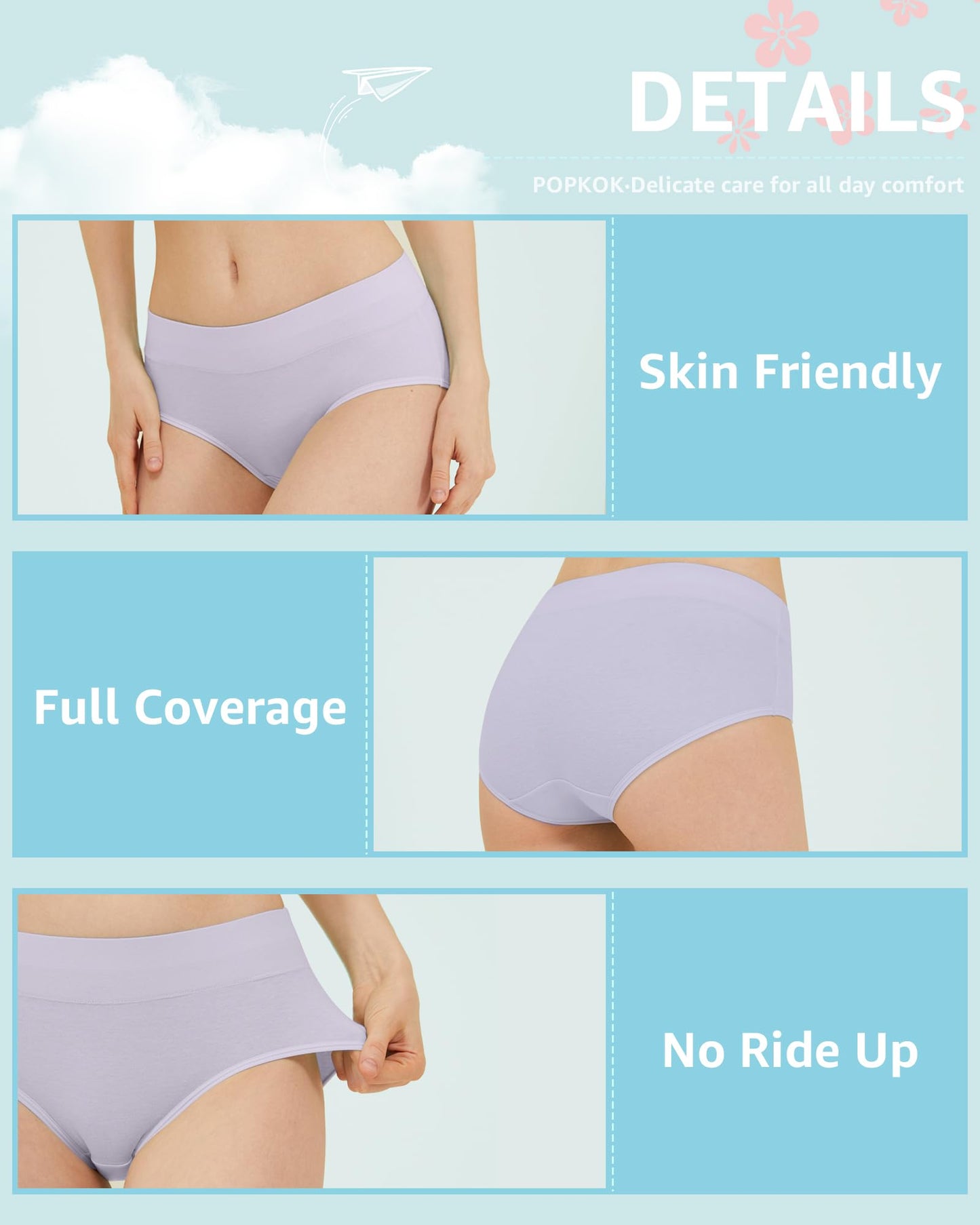 POPKOK Teen Girls Cotton Underwear Mid Waist Brief Panties 6 pack