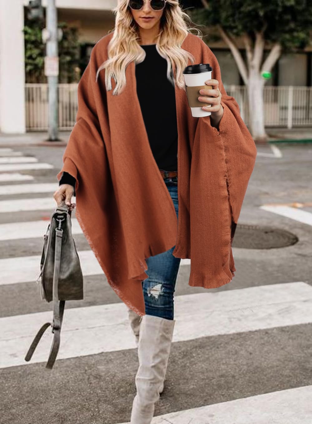 Bestshe Women's Boho Open Front Poncho Knitted Plaid Shawl Wrap Cape Tassel Cardigan Sweater