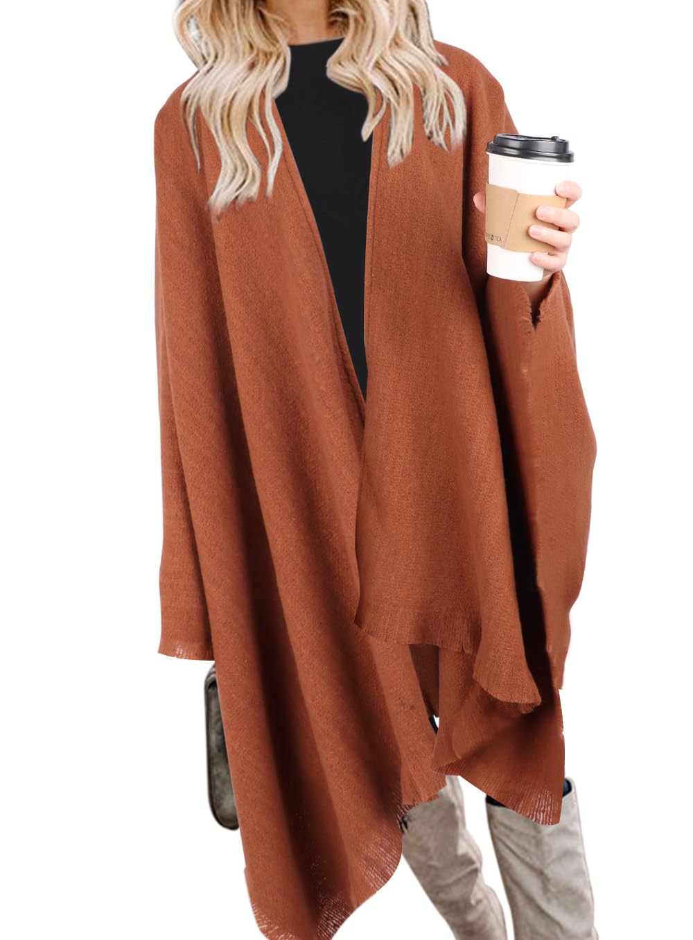 Bestshe Women's Boho Open Front Poncho Knitted Plaid Shawl Wrap Cape Tassel Cardigan Sweater