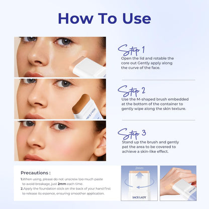 SACE LADY Foundation Stick, Medium to Full Coverage Foundation Makeup with Built-in Brush, Soft Matte Face Make Up Base with SPF 30 for Women, 0.4Oz (03#)