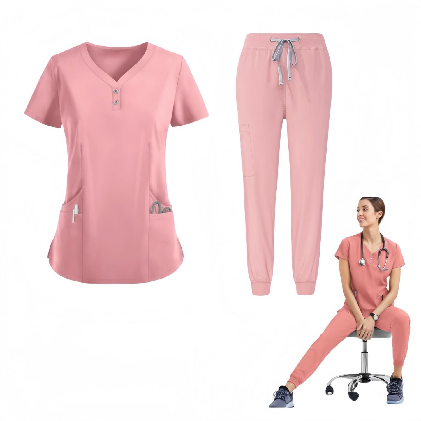 V-neck medical nurse uniform set, hospital work clothes, suitable for nurses, dentists, veterinarians，beautician