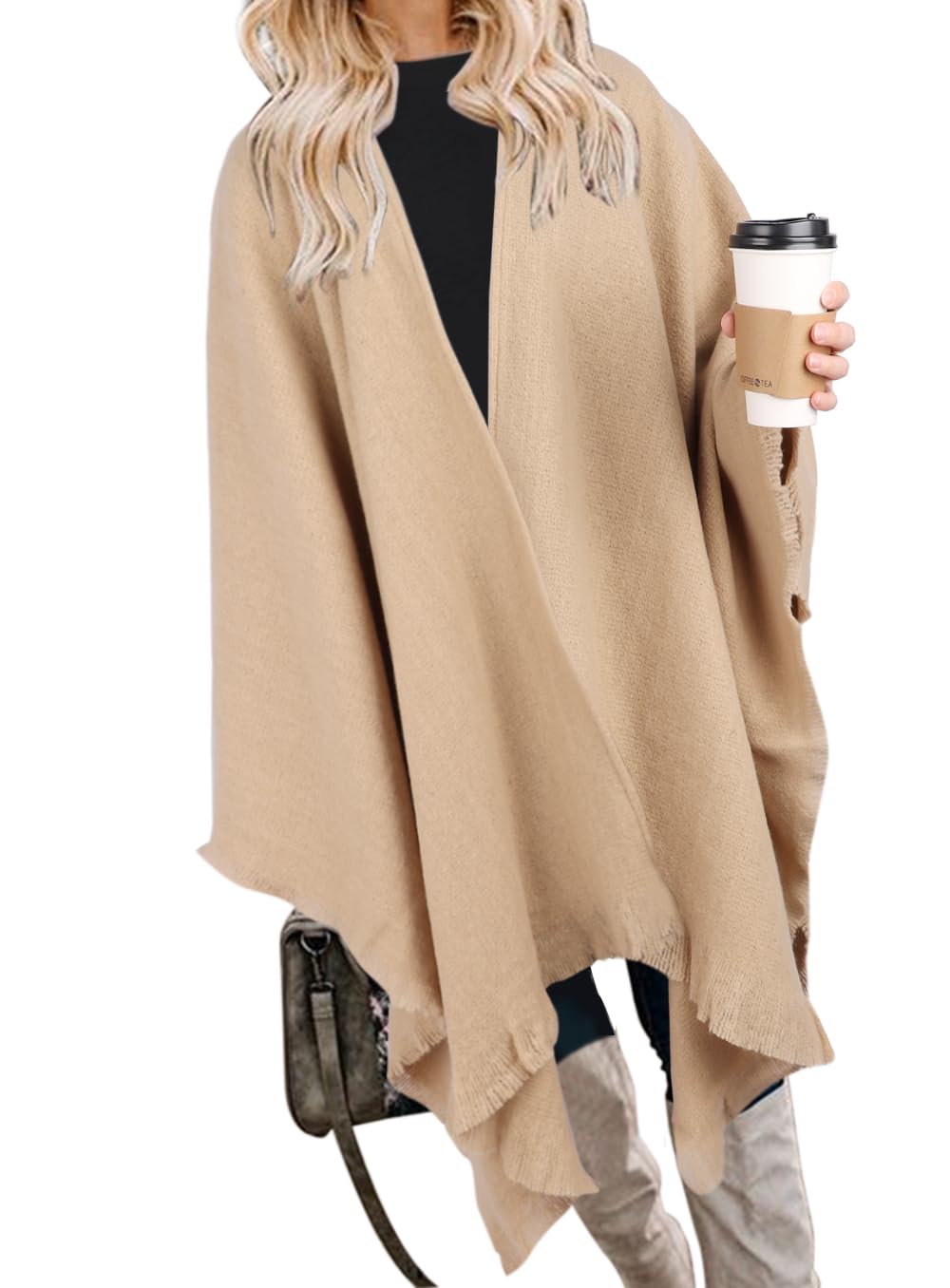 Bestshe Women's Boho Open Front Poncho Knitted Plaid Shawl Wrap Cape Tassel Cardigan Sweater