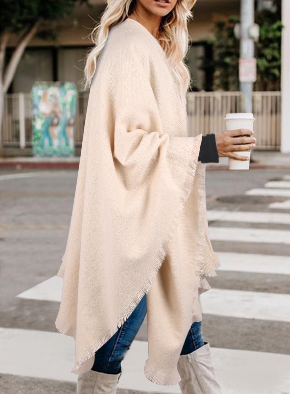 Bestshe Women's Boho Open Front Poncho Knitted Plaid Shawl Wrap Cape Tassel Cardigan Sweater