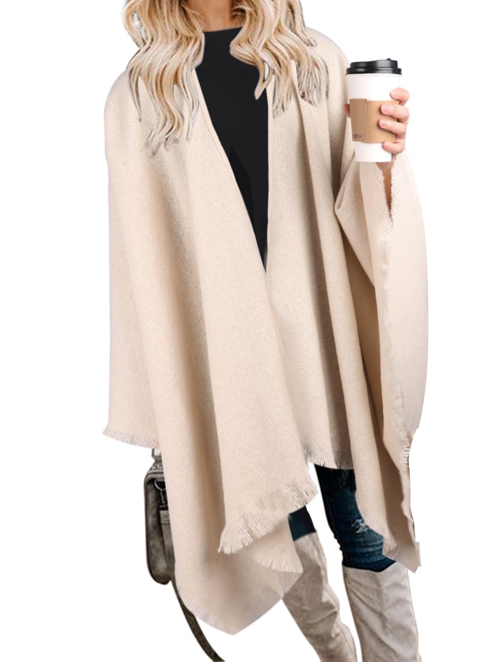 Bestshe Women's Boho Open Front Poncho Knitted Plaid Shawl Wrap Cape Tassel Cardigan Sweater