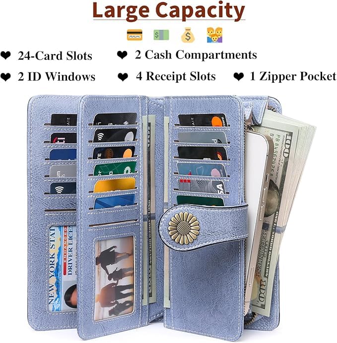 SENDEFN Wallets for Women Leather Credit Card Holder with RFID Blocking Large Capacity Wristlet