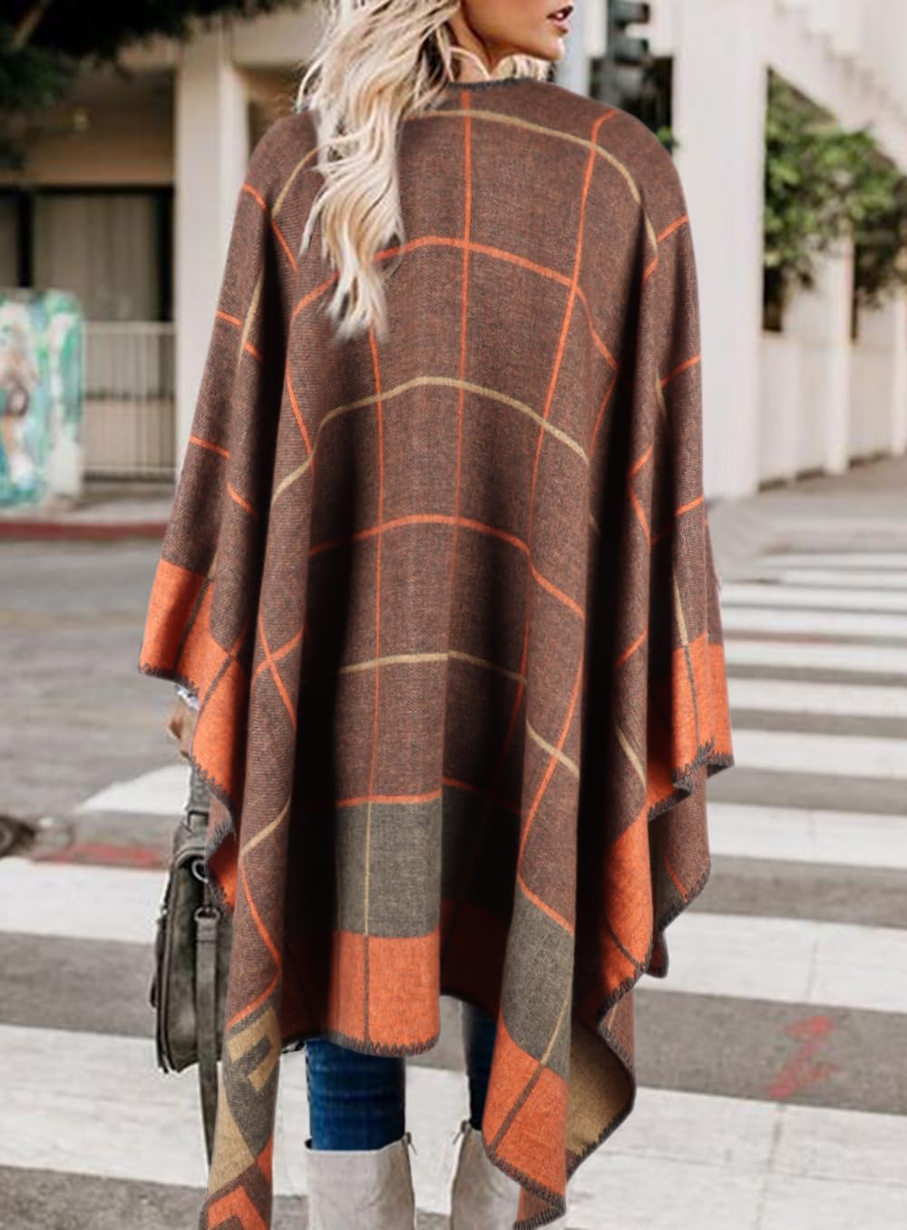 Bestshe Women's Boho Open Front Poncho Knitted Plaid Shawl Wrap Cape Tassel Cardigan Sweater