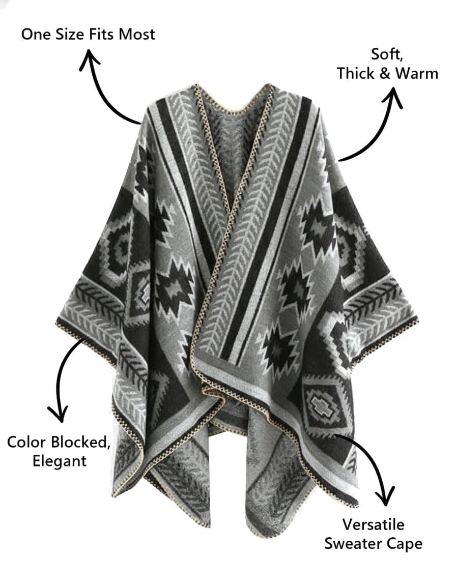 Bestshe Women's Boho Open Front Poncho Knitted Plaid Shawl Wrap Cape Tassel Cardigan Sweater