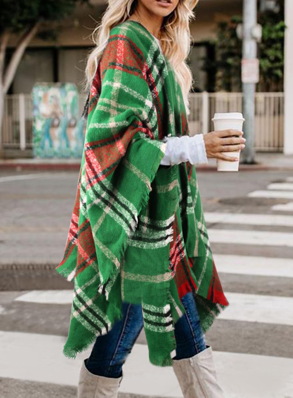 Bestshe Women's Boho Open Front Poncho Knitted Plaid Shawl Wrap Cape Tassel Cardigan Sweater