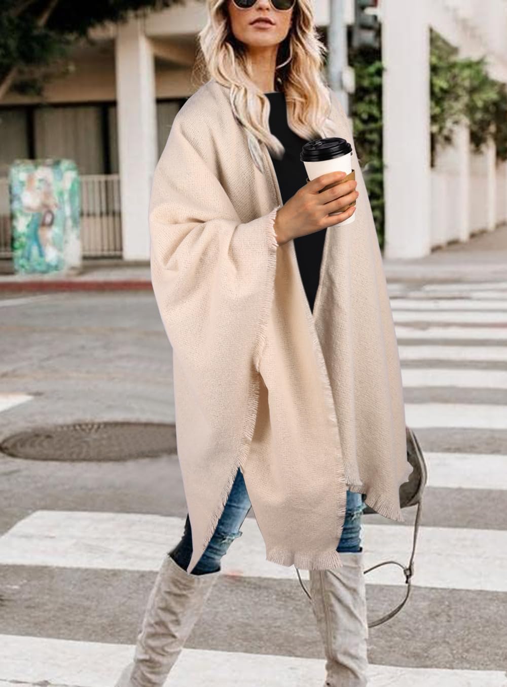 Bestshe Women's Boho Open Front Poncho Knitted Plaid Shawl Wrap Cape Tassel Cardigan Sweater